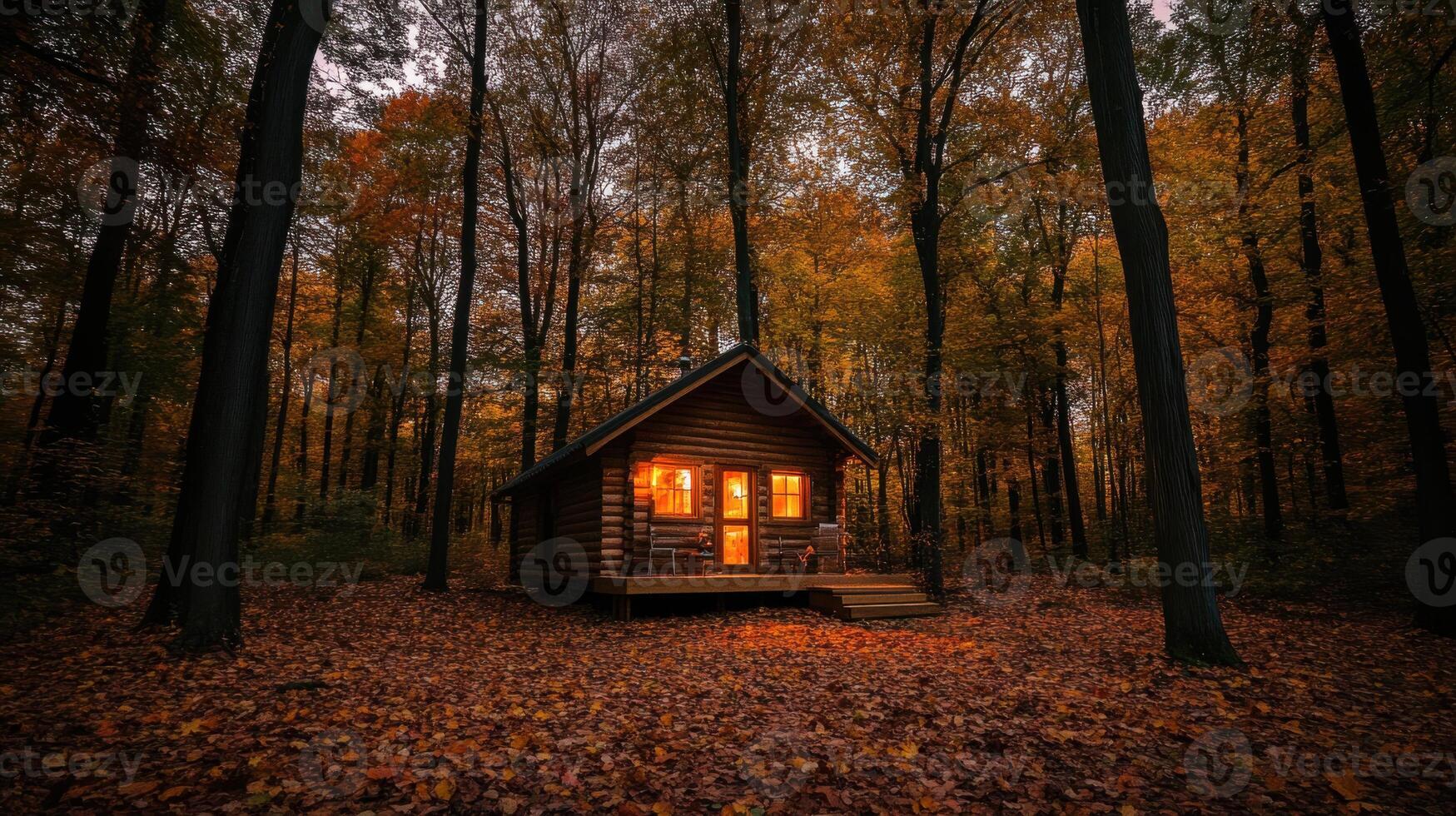 A small cabin in the woods at dusk photo