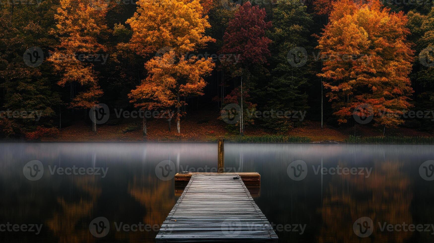 A dock in the middle of a lake surrounded by trees photo
