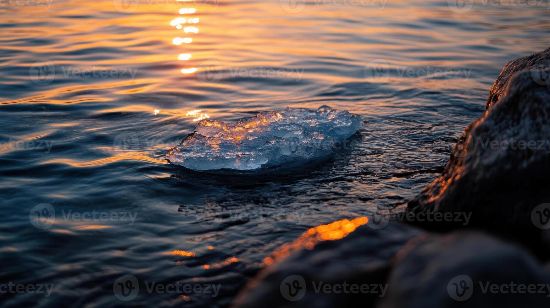 small ice floe glistens in sunset over calm water photo