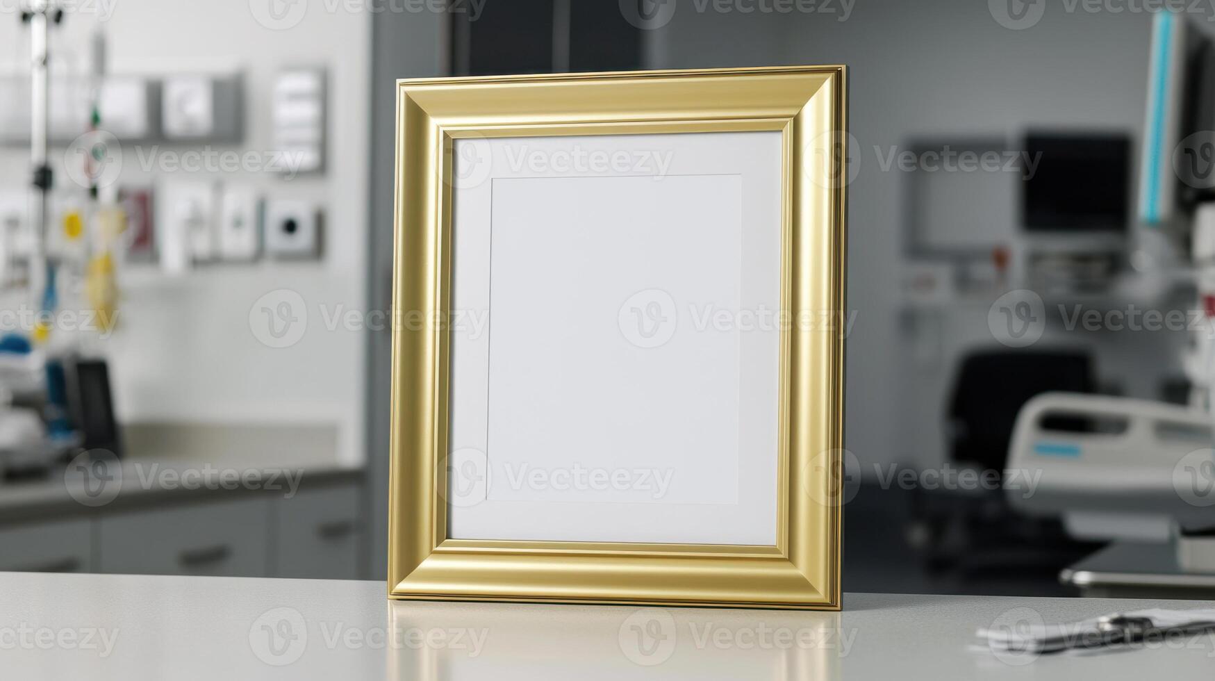 Gold frame mockup on a white table in a hospital photo