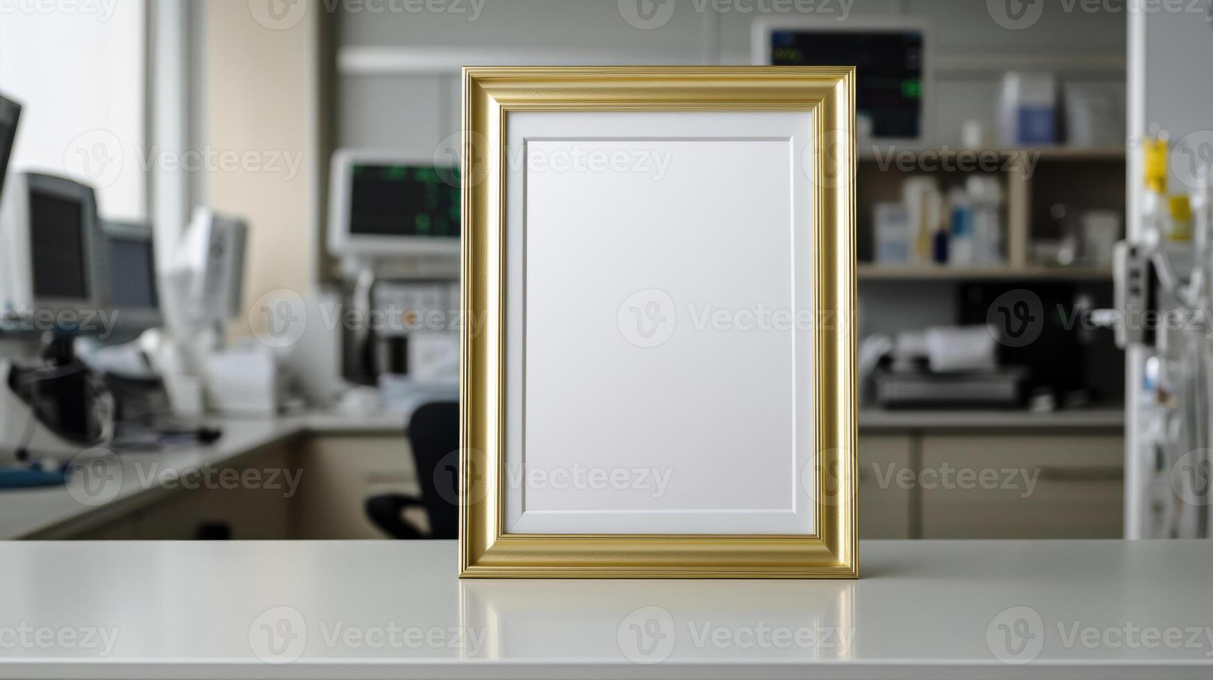 Gold frame mockup on white table in an office photo