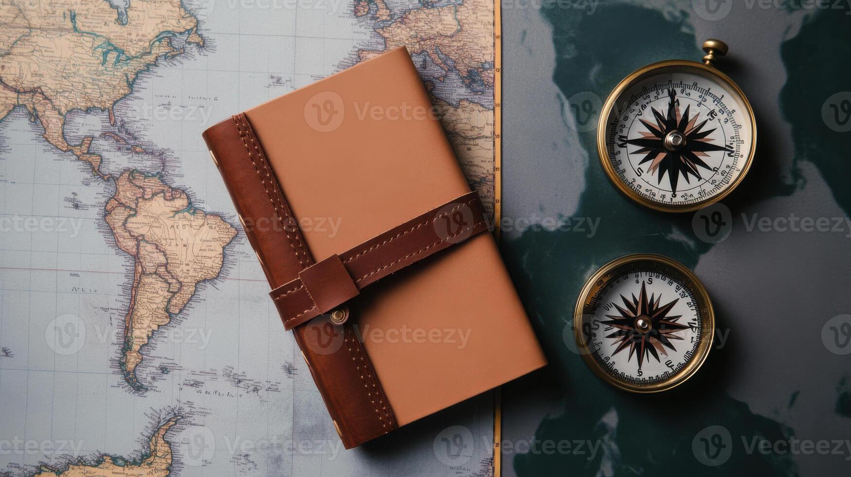 Compass and notebook on a world map photo
