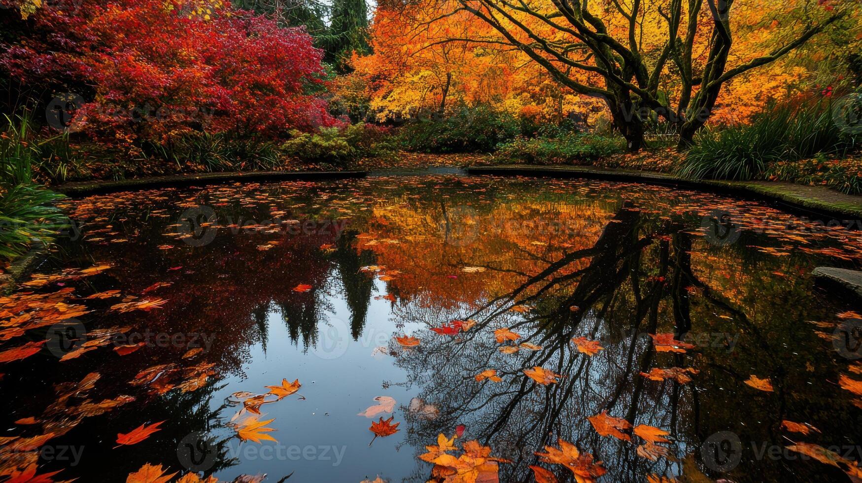 serene pond reflecting vibrant autumn colors and trees photo