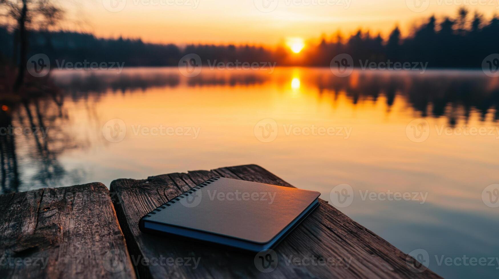 Notebook on wooden table with sunset in background photo