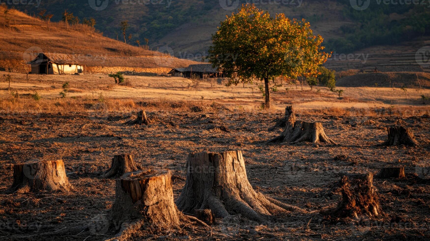 A tree stump in a field with a house in the background photo