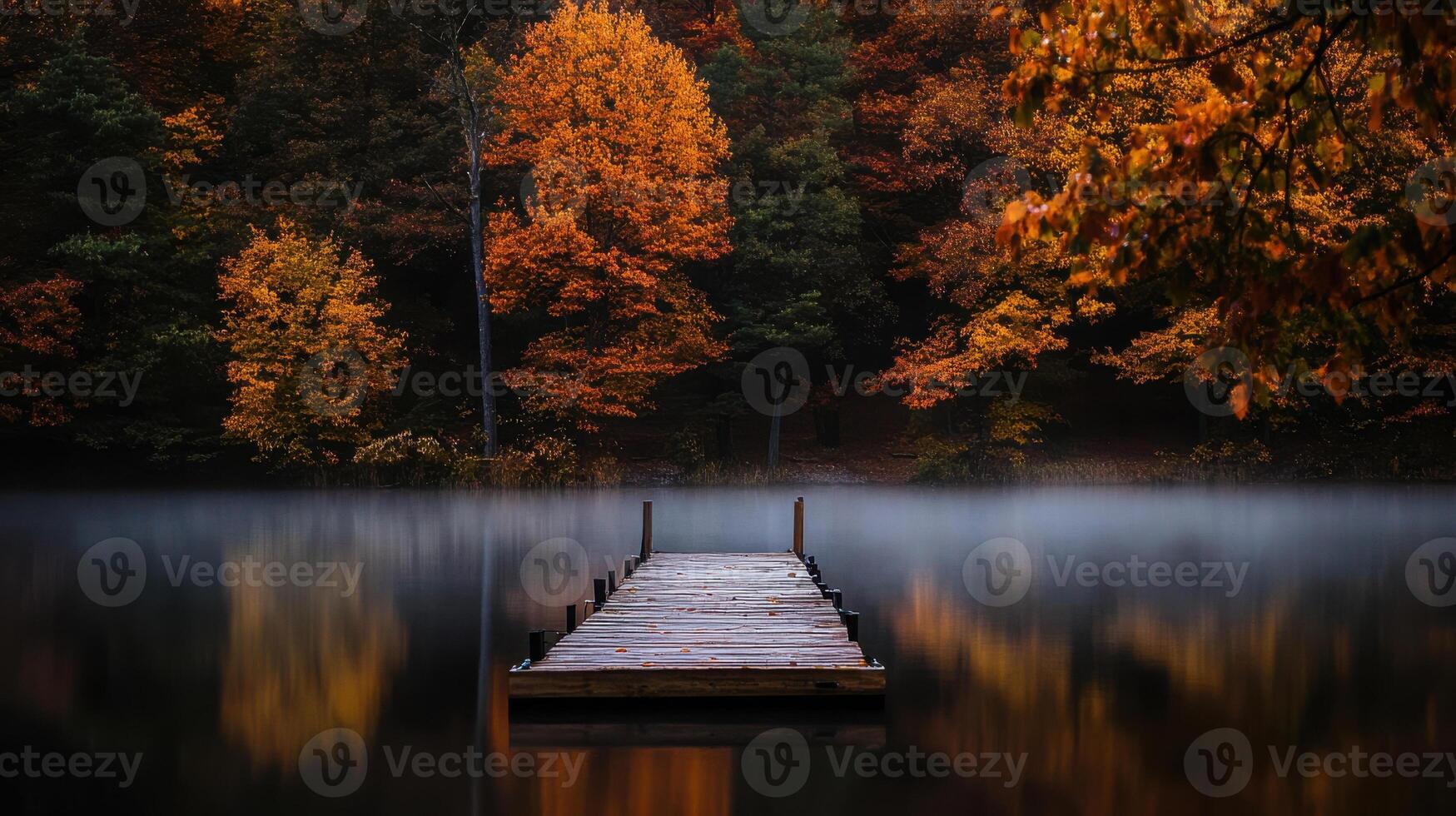 A dock in the middle of a lake in the fall photo