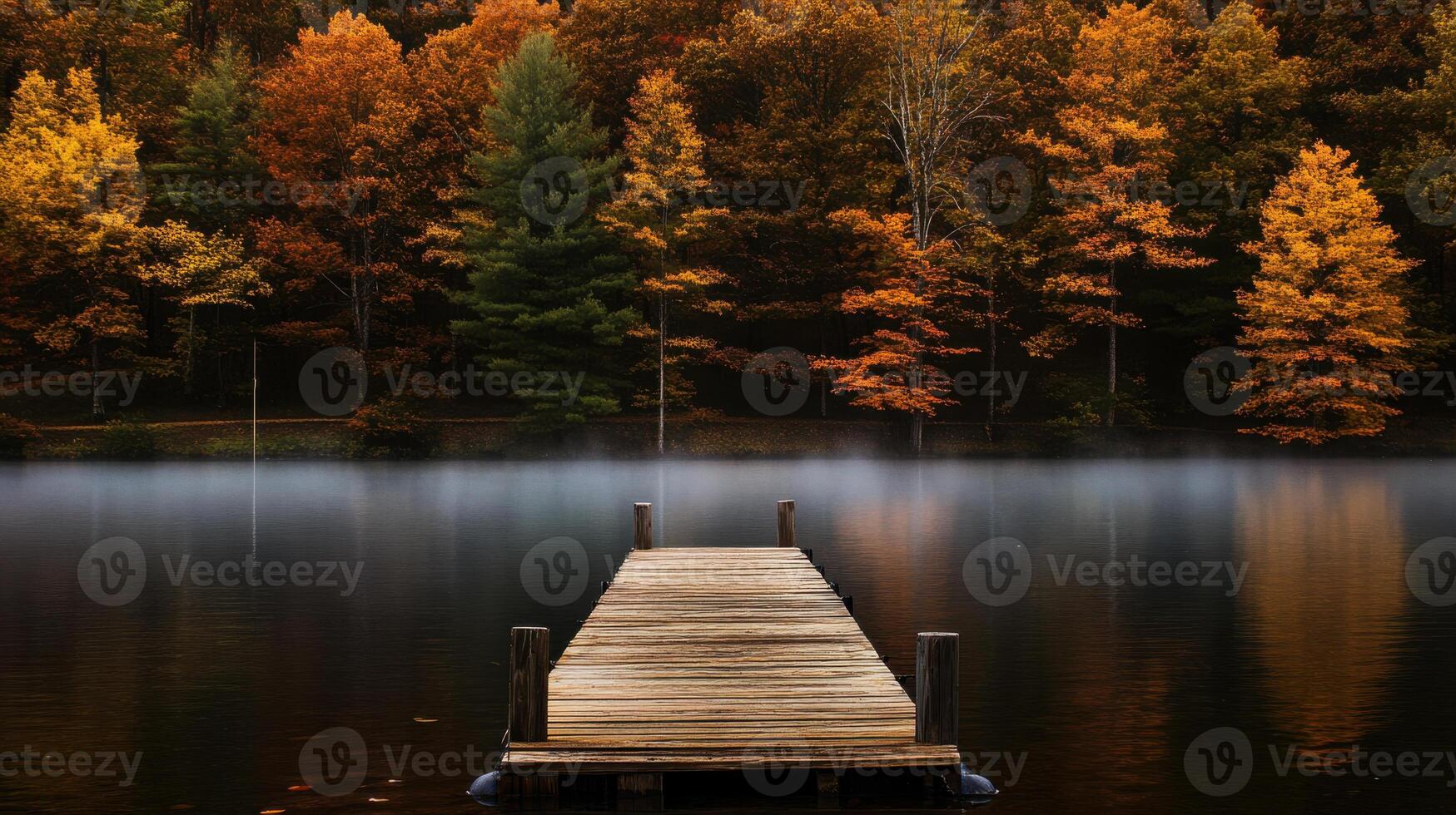 A dock in the middle of a lake surrounded by trees photo