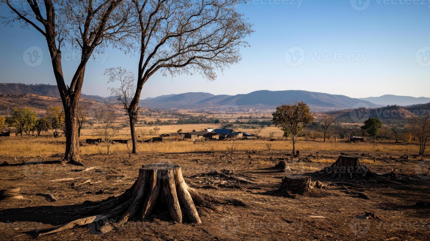 Deforested landscape with tree stumps and mountains in background photo