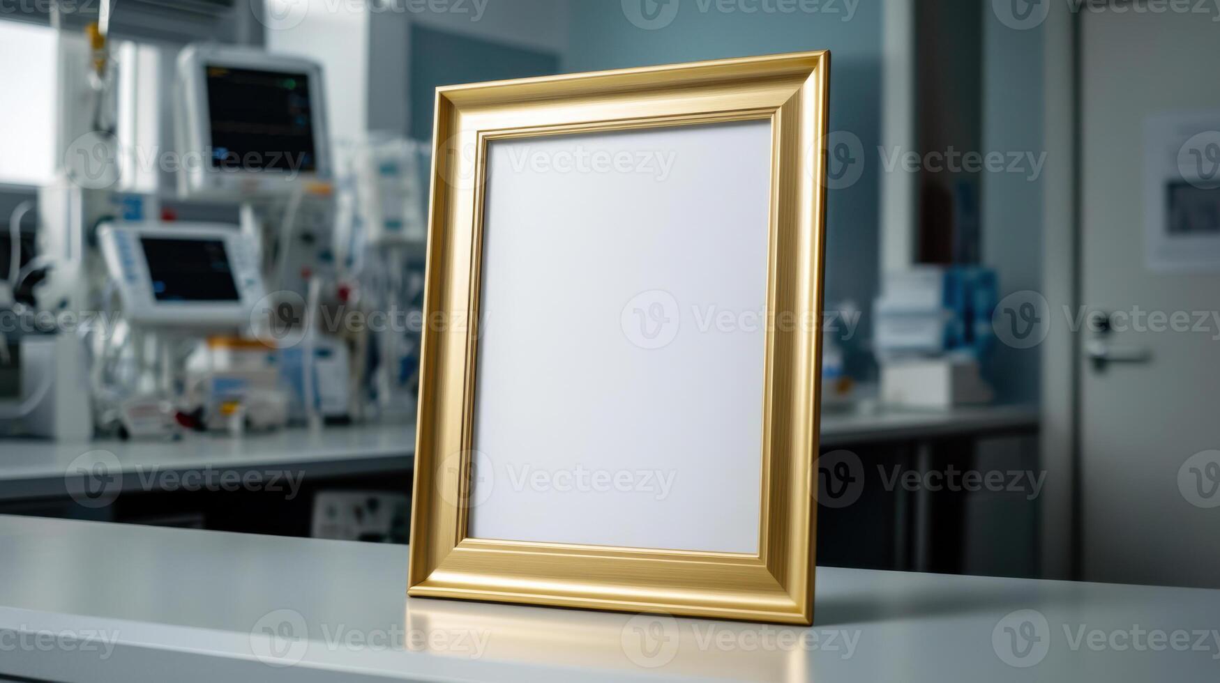 Gold frame mockup on a table in a hospital photo