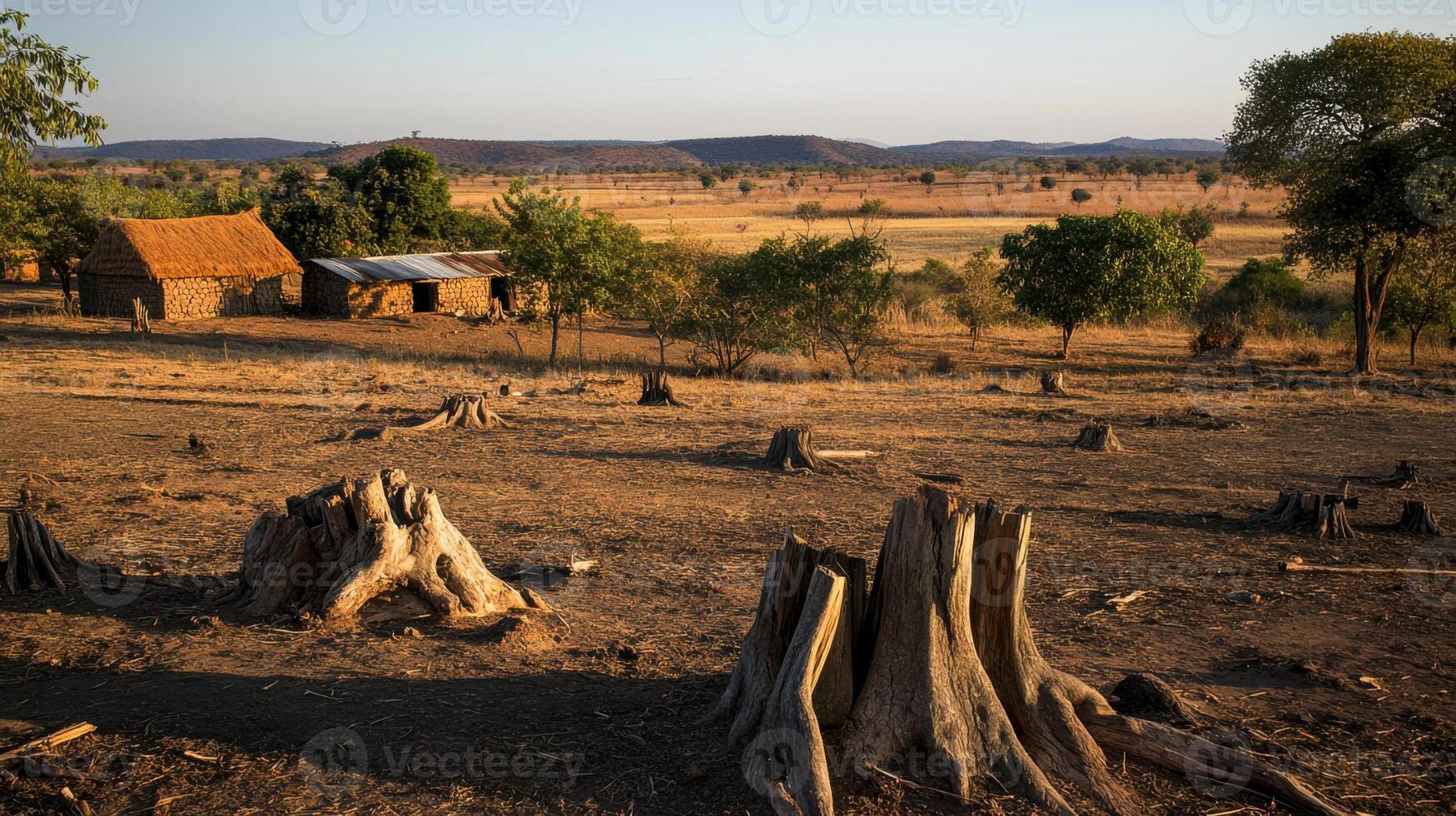 small village affected by deforestation with stumps photo