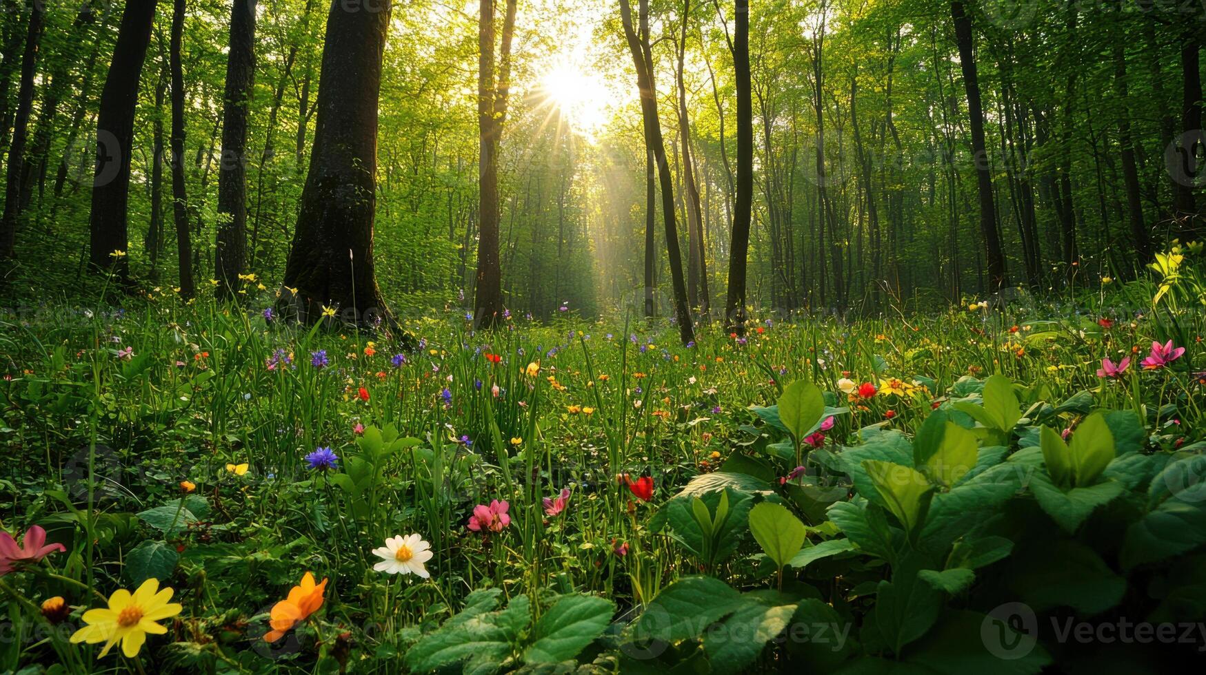 A forest with many flowers and trees photo
