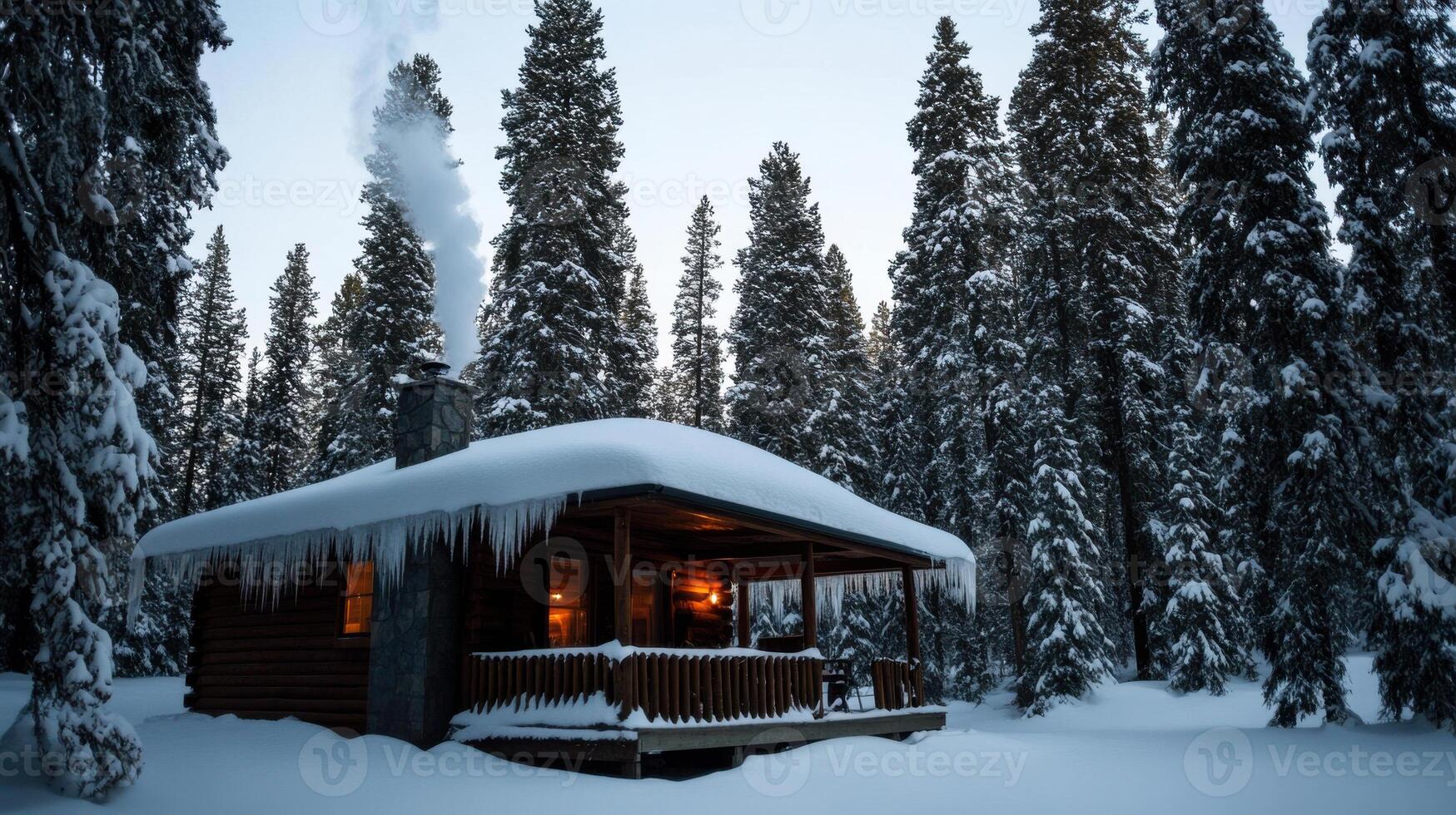 A cabin in the woods surrounded by trees photo