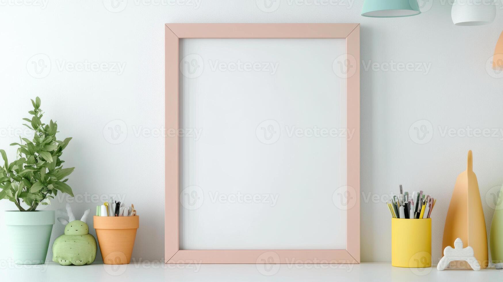 A white desk with a colorful lamp and a picture frame photo