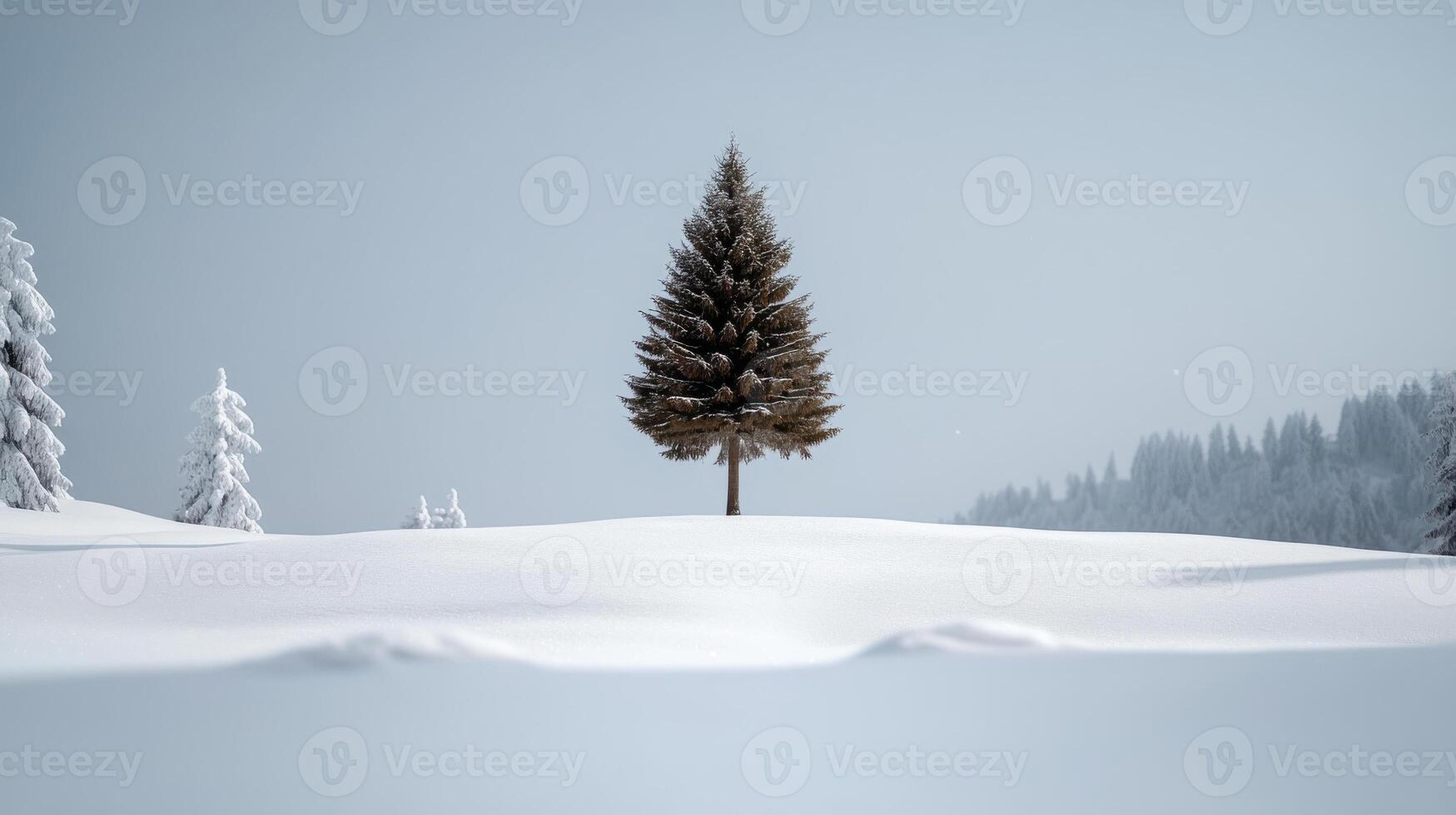 A lone tree stands alone in the middle of a snowy field photo