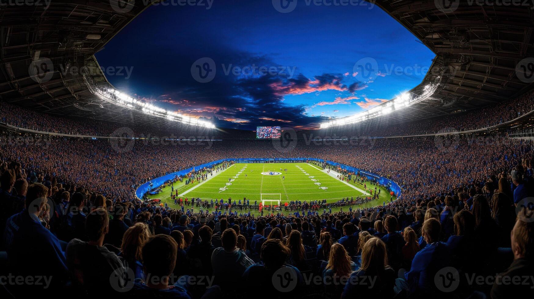 vibrant sports stadium filled with excited fans under sunset sky photo