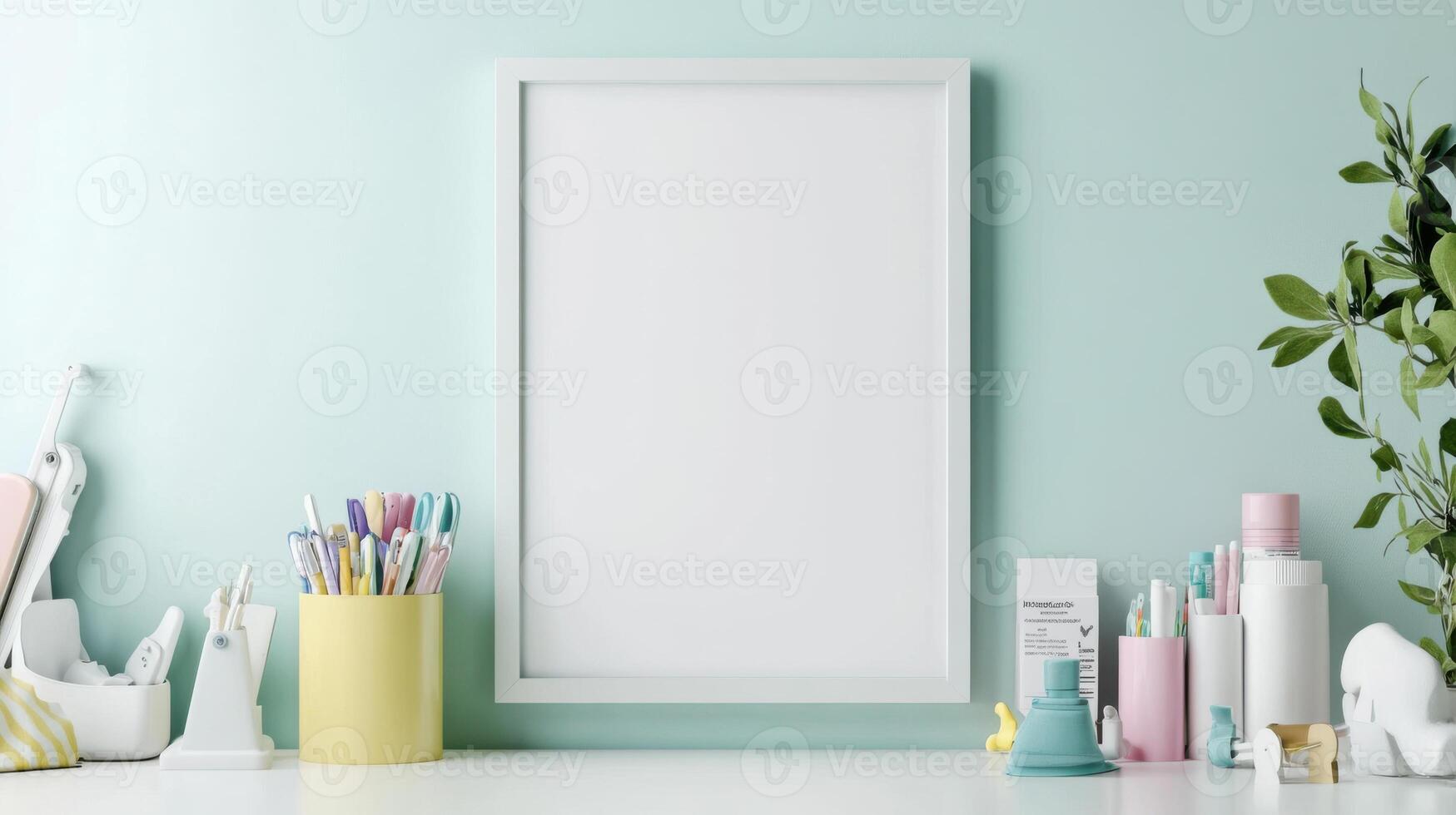 A desk with a white frame and a variety of items photo