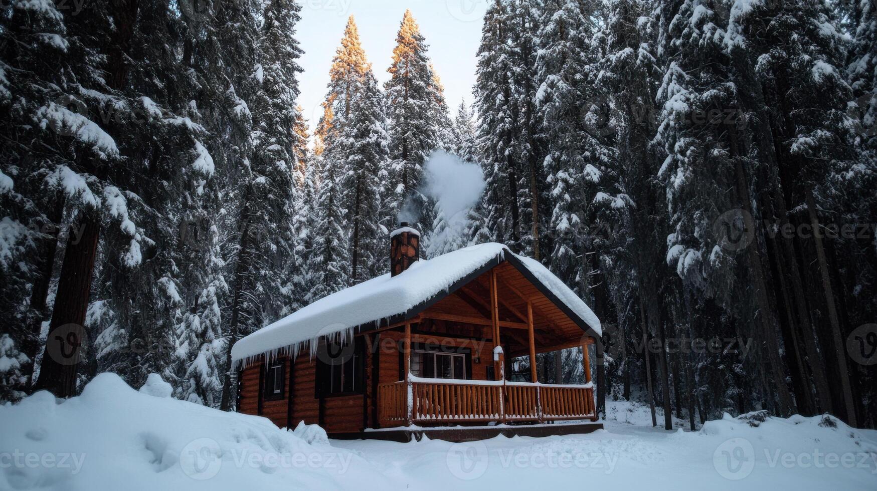 A small cabin in the woods covered in snow photo