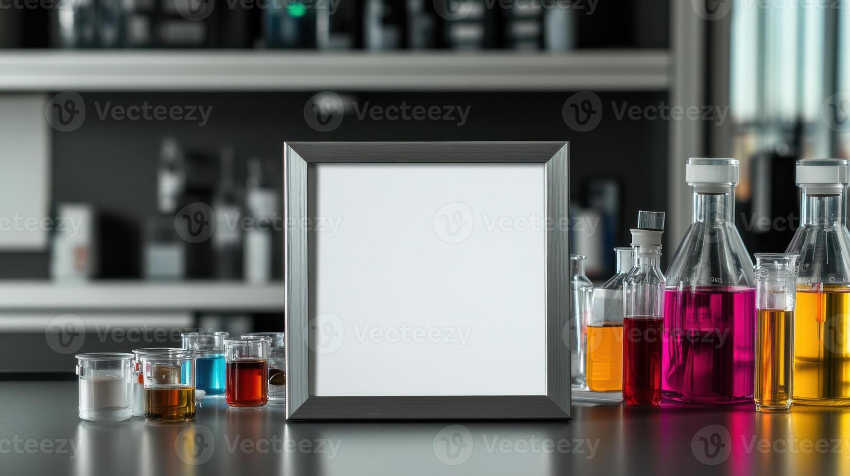 square silver frame with blank white center and colorful liquids photo