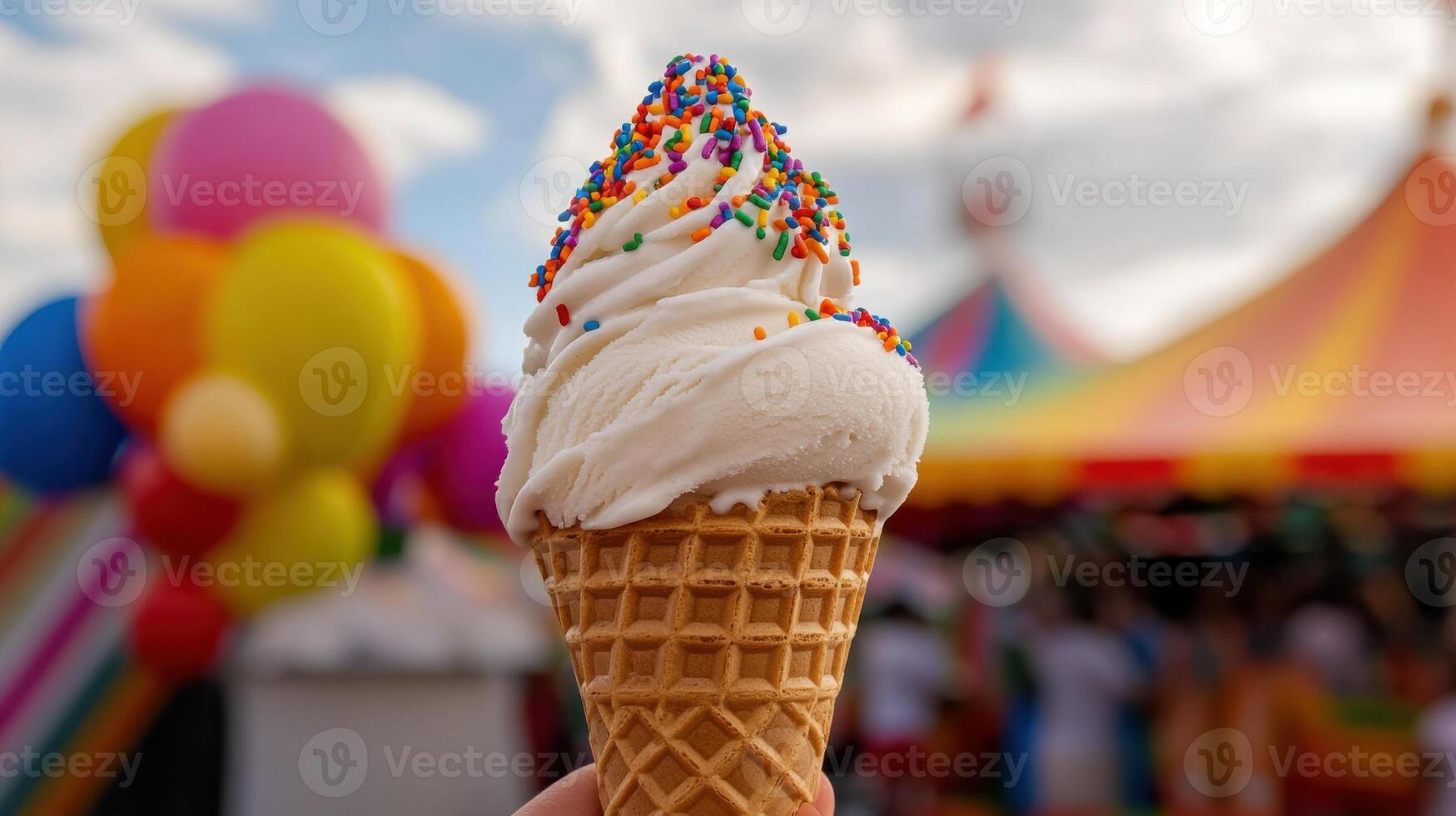 soft serve ice cream cone topped with colorful sprinkles photo