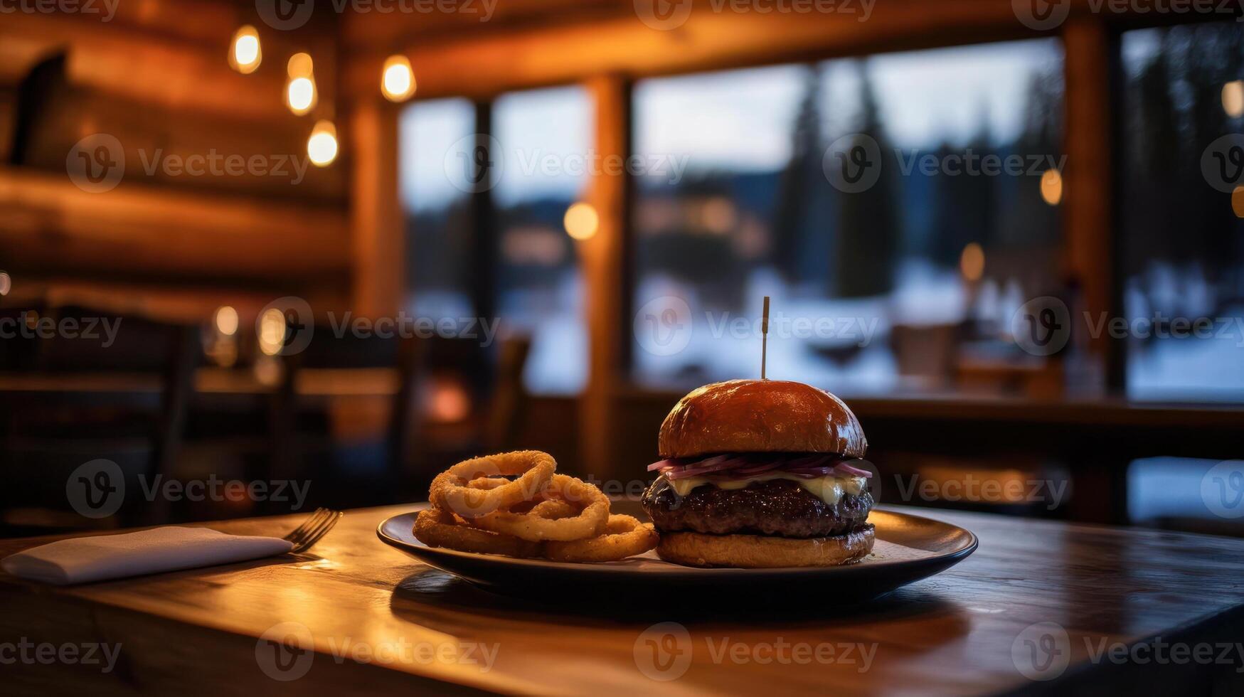 steaming hot burger with onion rings on wooden table photo