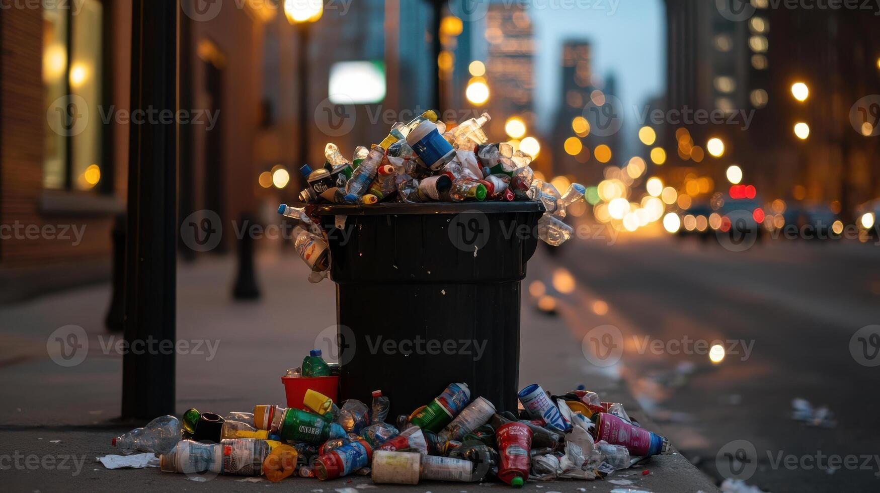 Overflowing trash bin on city street at dusk photo