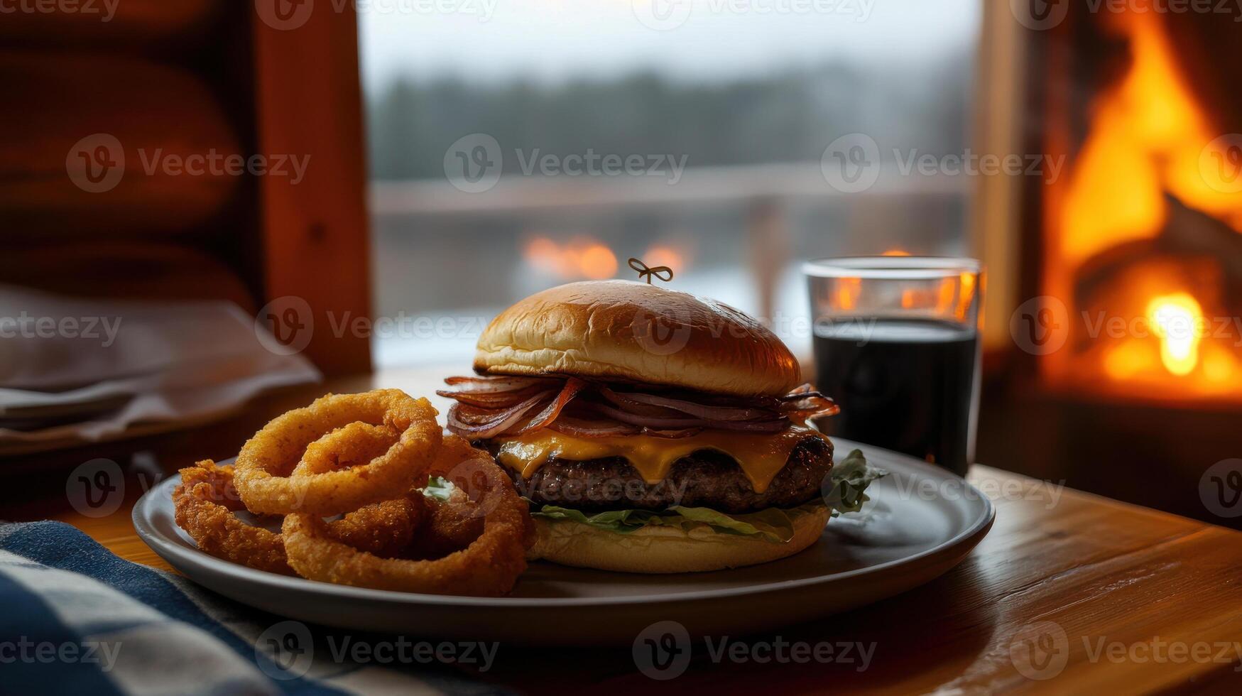 steaming hot burger with crispy onion rings and drink photo