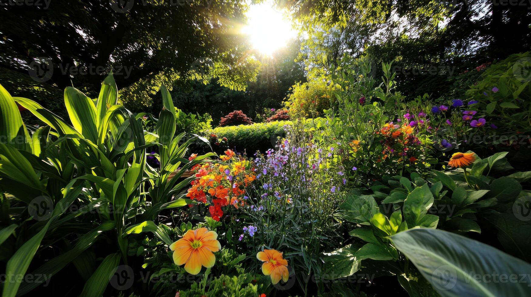 Sun shining through the trees in a garden photo