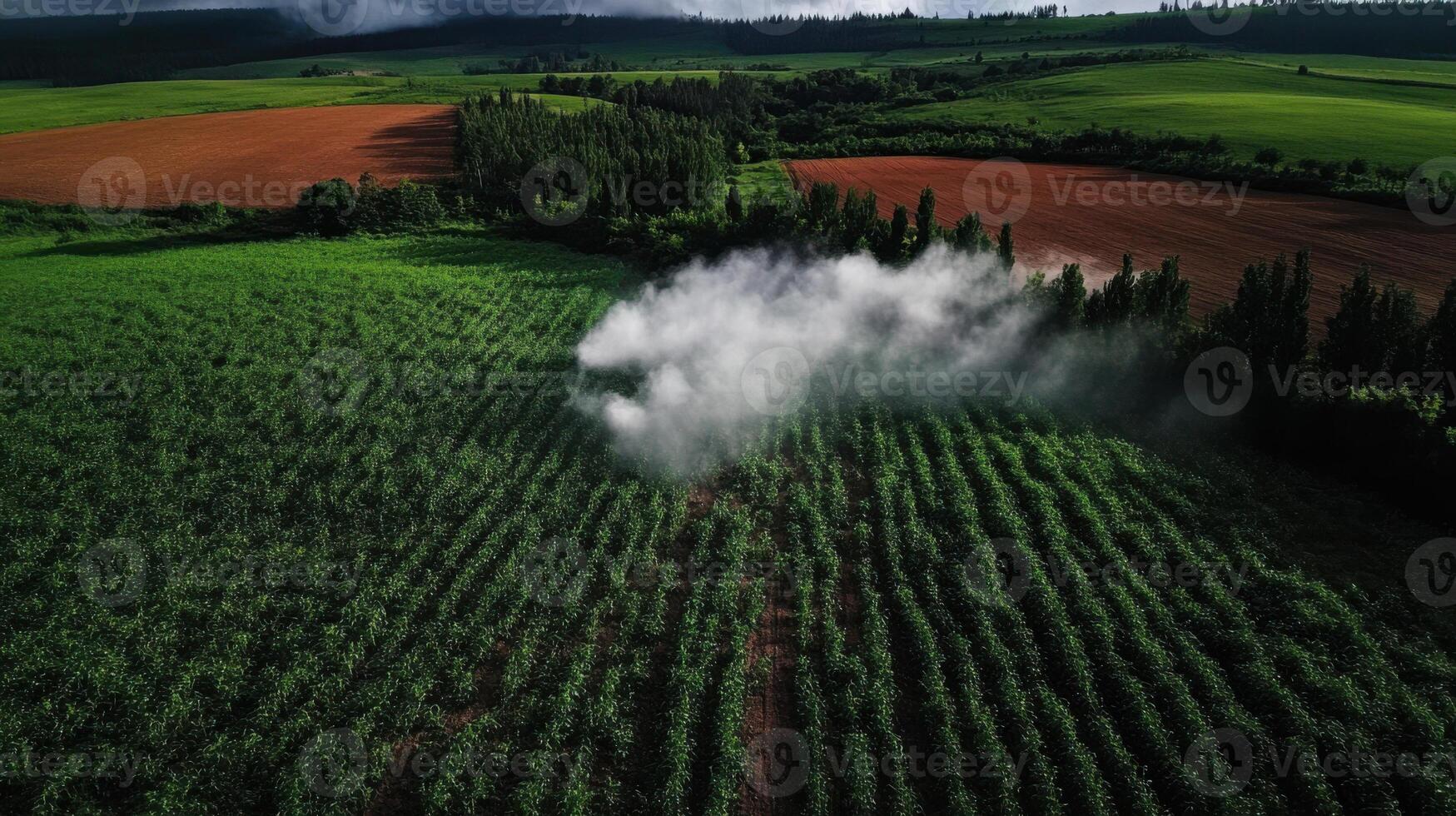 Lush green fields with misty clouds creating serene landscape photo