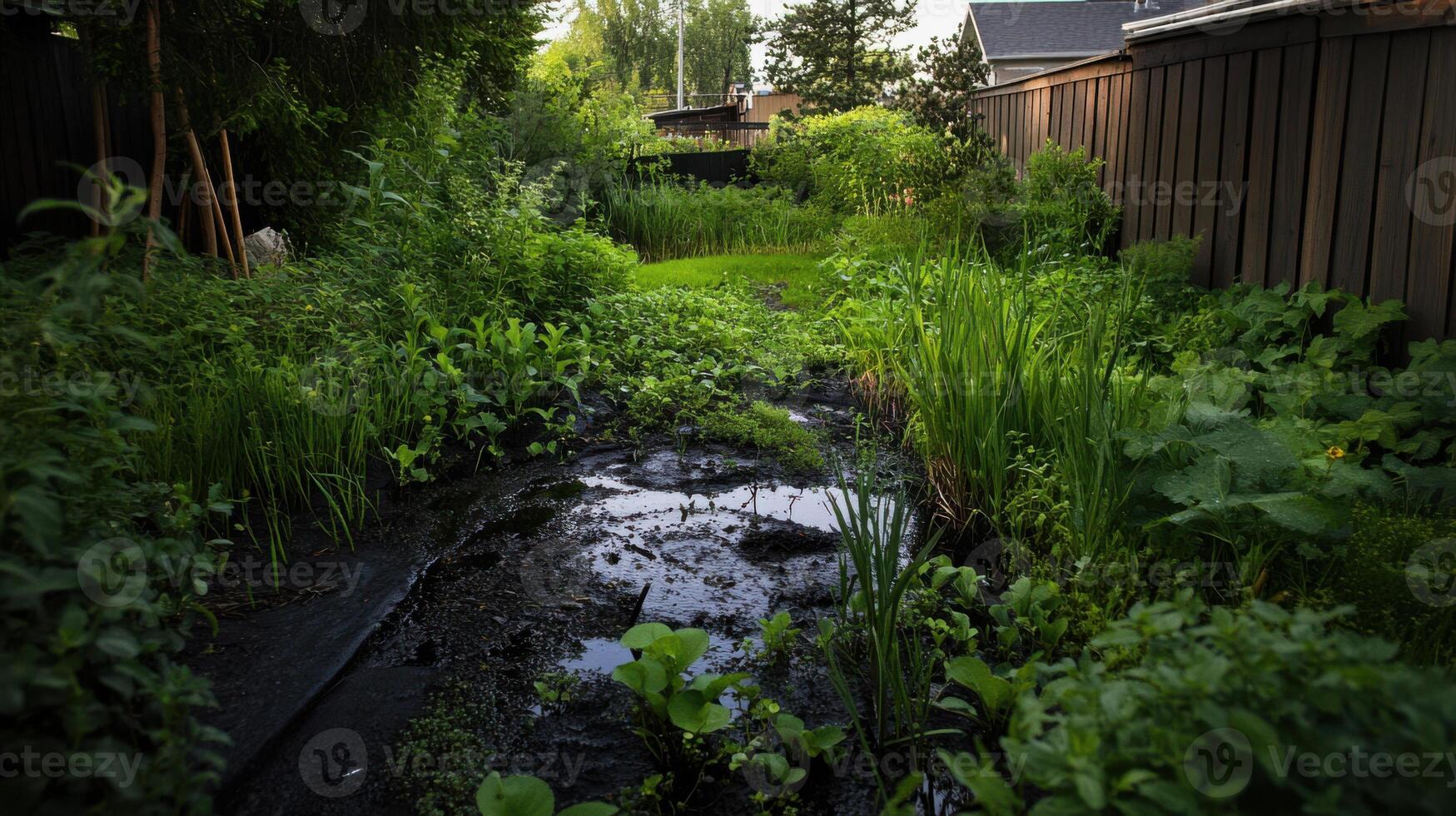 Overgrown suburban garden with stagnant water and weeds photo