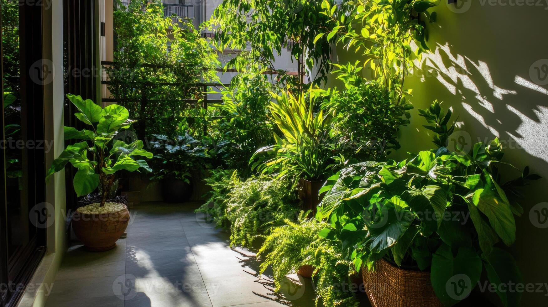 Lush green plants in sunny terrace garden create tranquility photo