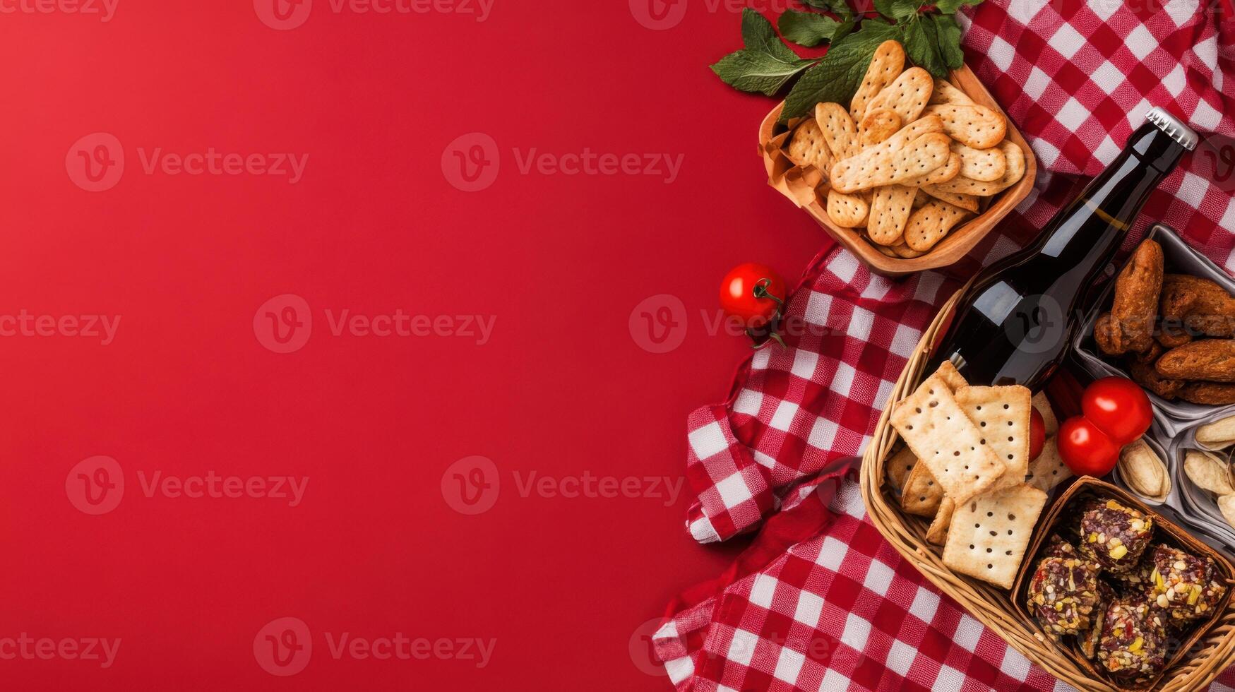 summer picnic setup with snacks and drinks on red background photo