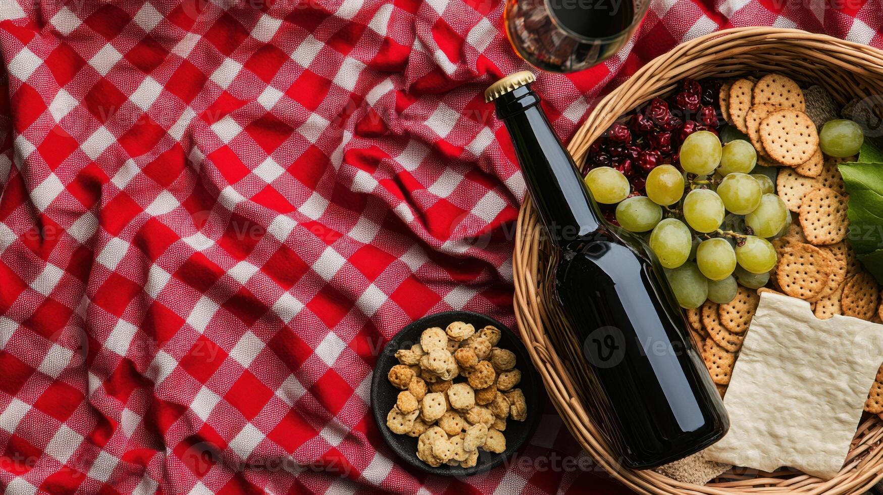 summer picnic setup with snacks, grapes, and drink photo