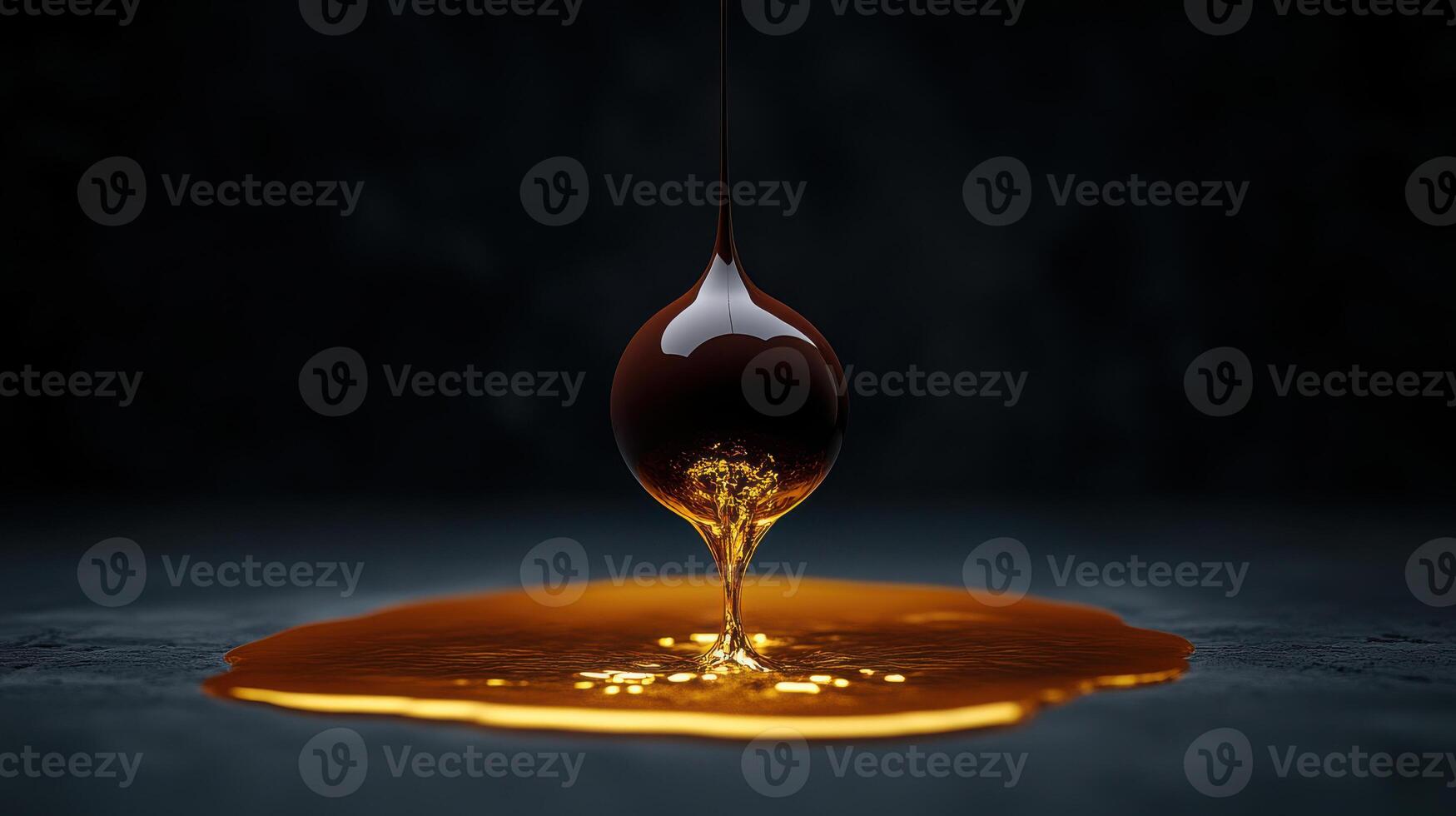 golden liquid droplet suspended above glossy surface photo