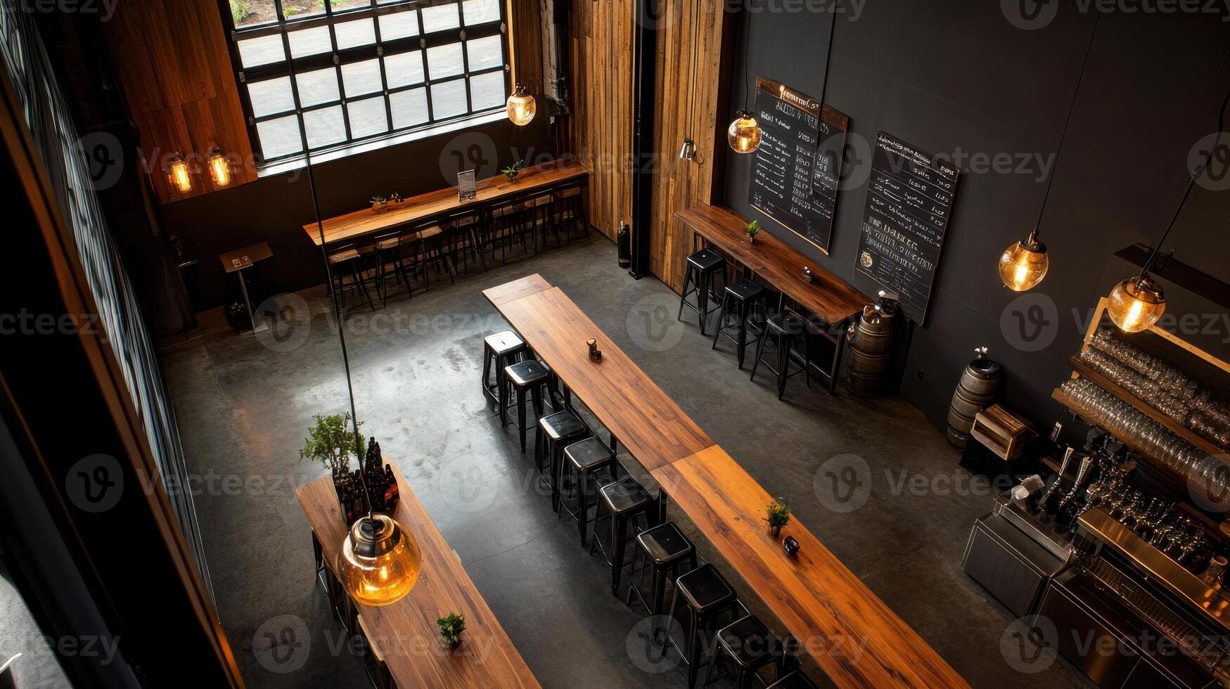 top down view of brewery taproom with wooden tables photo
