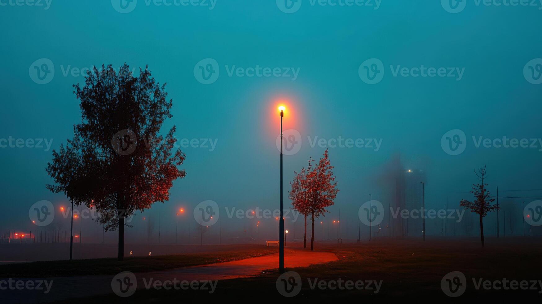 foggy night scene with glowing streetlights and trees photo