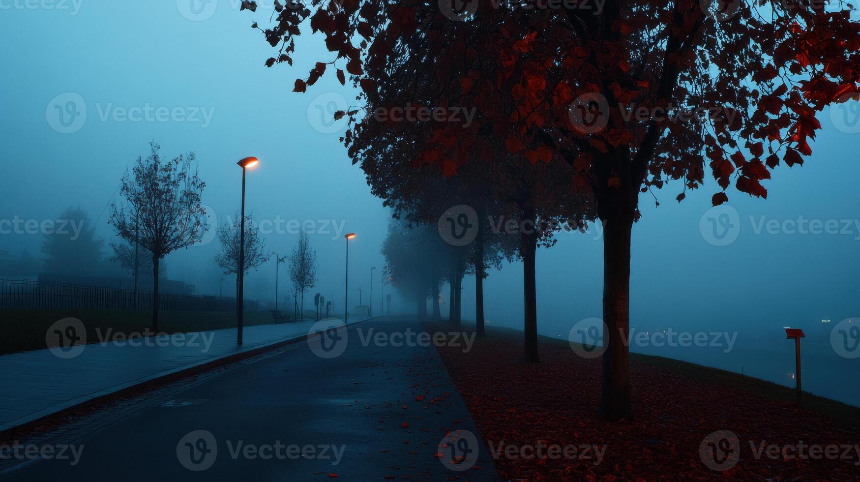 Misty path lined with trees and streetlights in fog photo