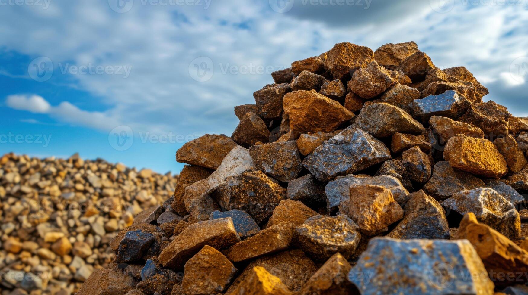 Piles of extracted minerals under blue sky with clouds photo