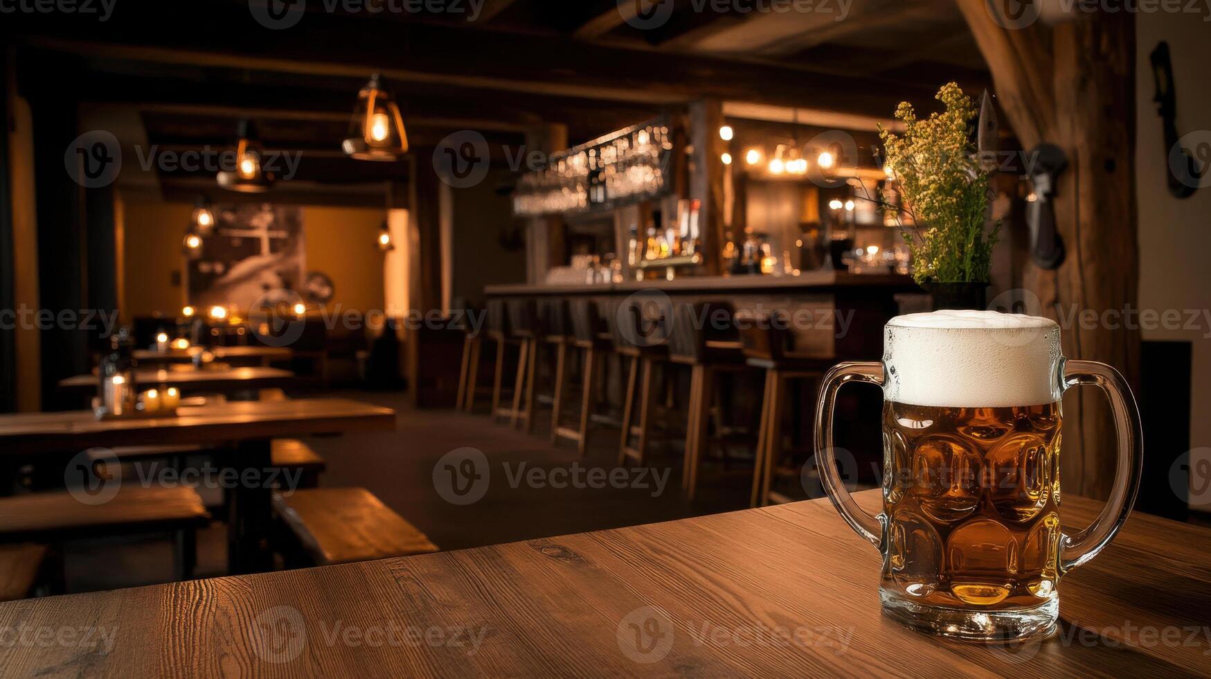 traditional beer stein filled with frothy beer in pub photo