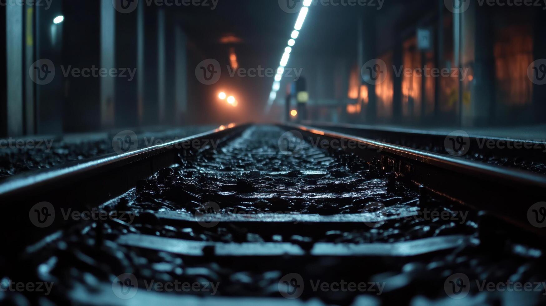 image captures train station with tracks leading into dimly lit photo