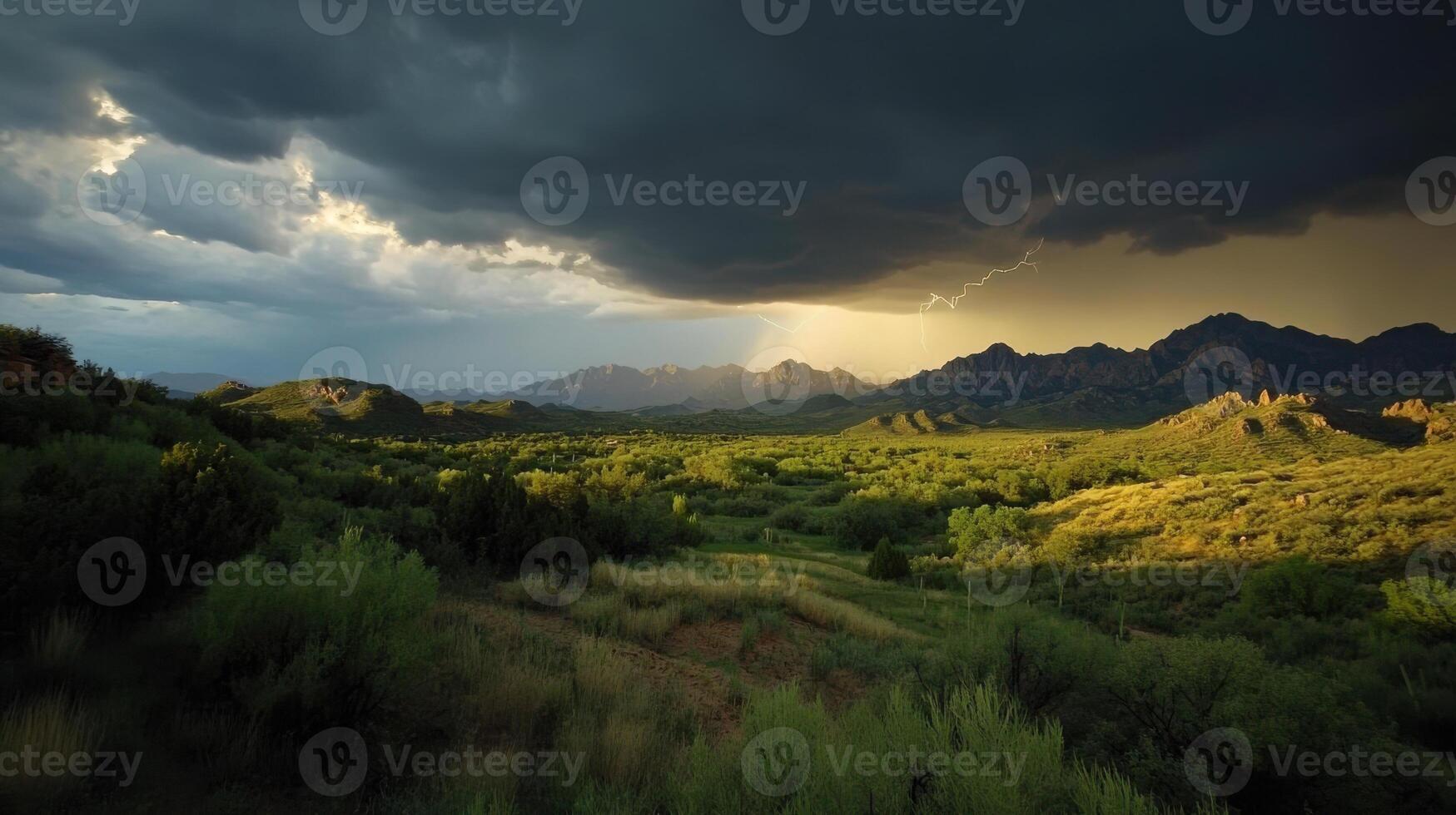 thunderstorm over mountain range with dramatic lighting photo