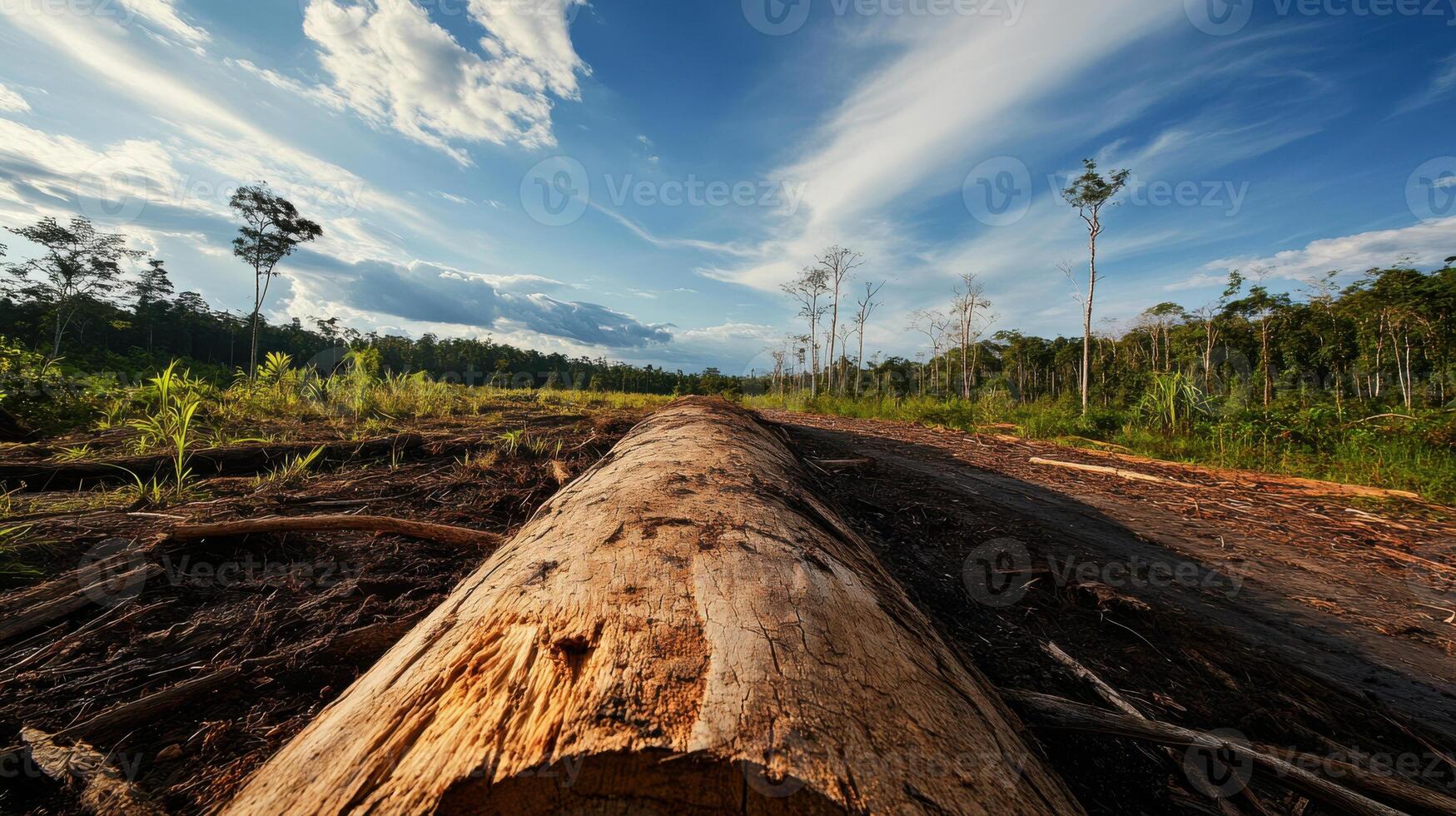 Deforested area with fallen tree and blue sky photo