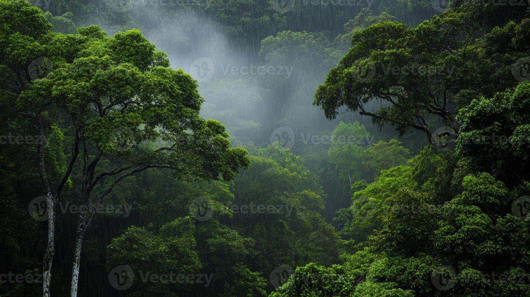 A green forest with trees and fog photo