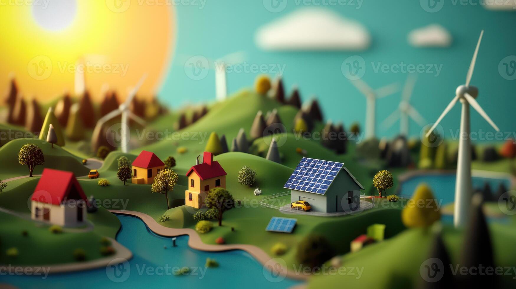 An animated illustration of a small town with wind turbines photo