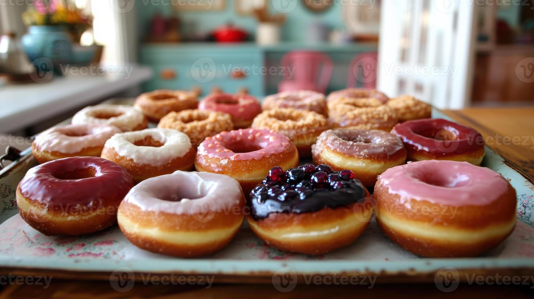 A tray of donuts with different flavors on it photo