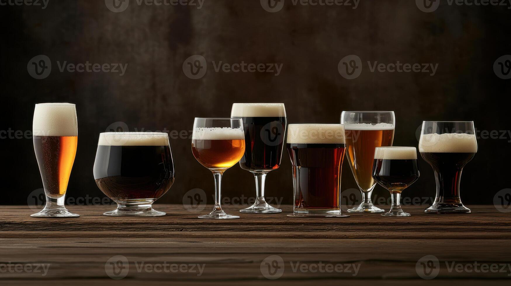 Various types of beer glasses on a wooden table photo