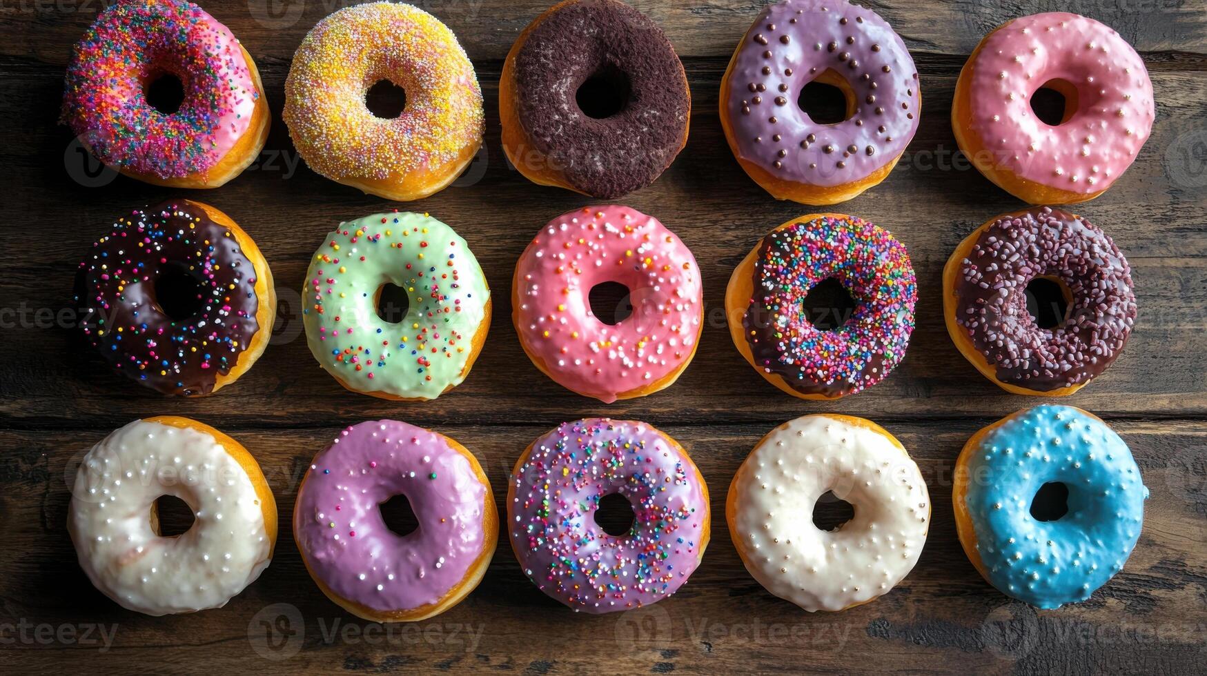 A dozen donuts with different colors on a wooden table photo