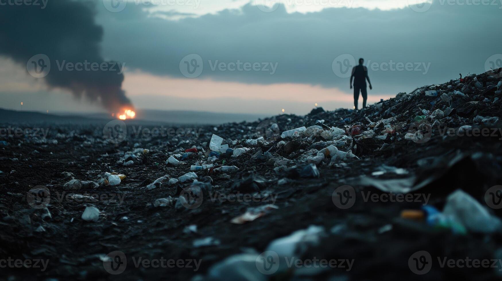 person stands on vast landfill filled with plastic waste photo
