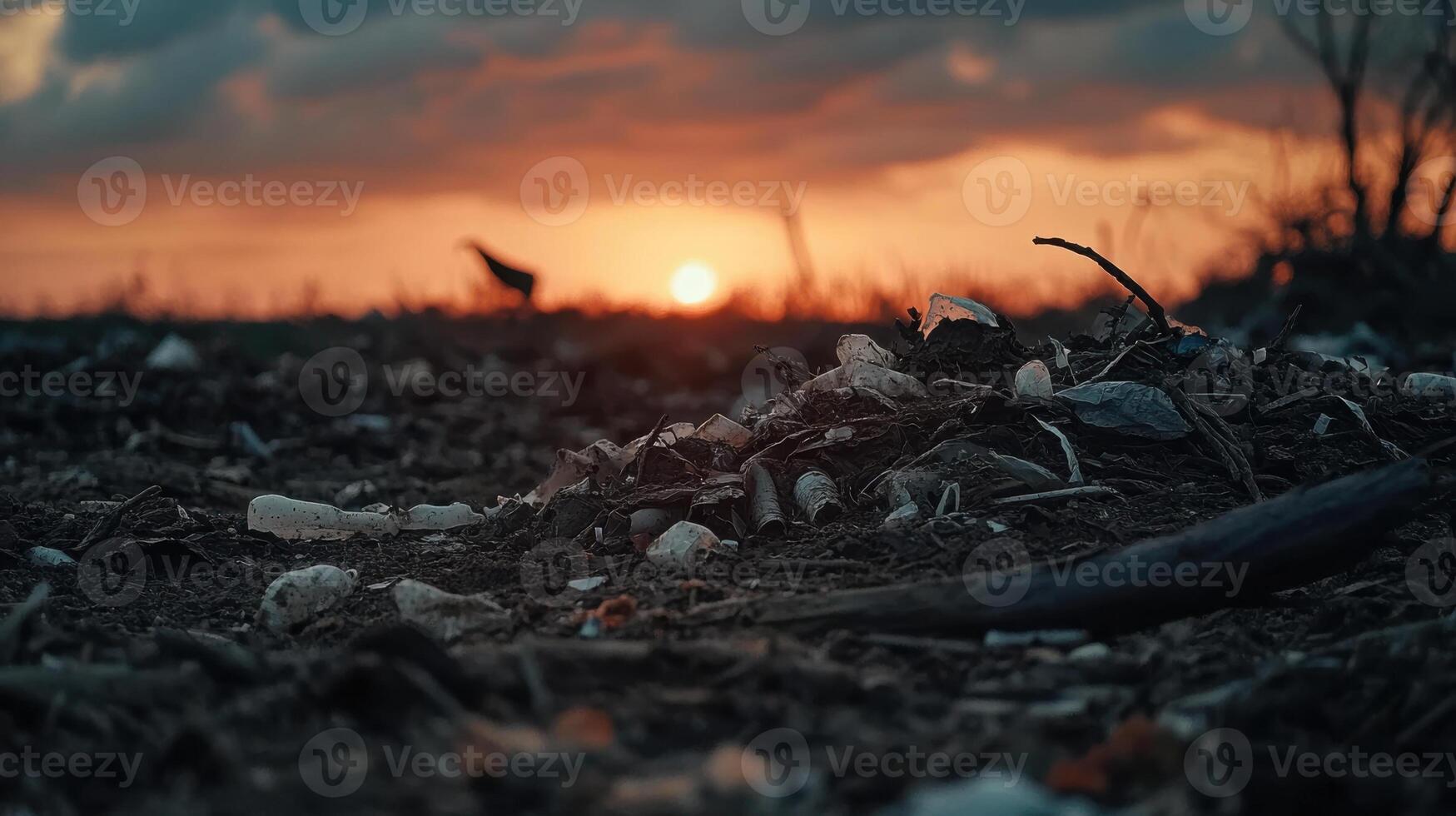 landfill site filled with plastic waste at sunset photo