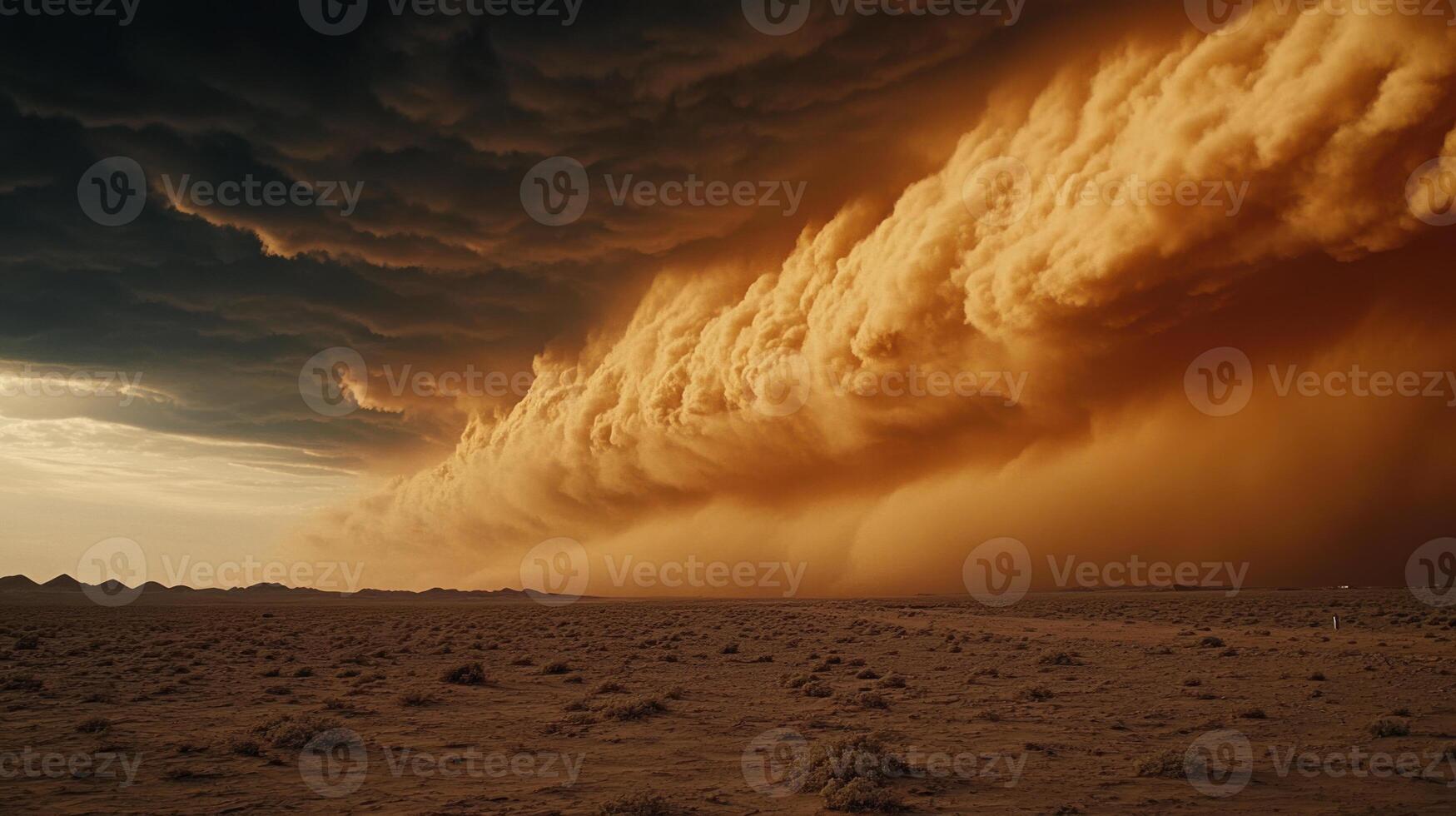 vast desert with violent sandstorm approaching, creating tension photo