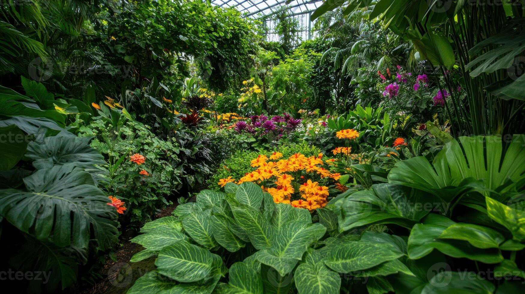 vibrant botanical garden filled with lush greenery and flowers photo